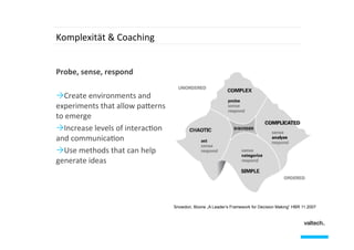 Komplexität	
  &	
  Coaching	
  
Probe,	
  sense,	
  respond	
  
Ò Create	
  environments	
  and	
  
experiments	
  that	
  allow	
  pa8erns	
  
to	
  emerge	
  
Ò Increase	
  levels	
  of	
  interac;on	
  
and	
  communica;on	
  
Ò Use	
  methods	
  that	
  can	
  help	
  
generate	
  ideas	
  

Snowdon, Boone „A Leader‘s Framework for Decision Making“ HBR 11.2007

 