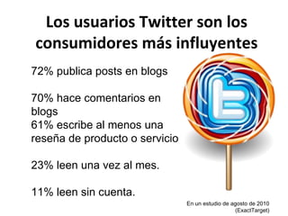 Los usuarios Twitter son los consumidores más influyentes 72% publica posts en blogs  70% hace comentarios en blogs 61% escribe al menos una reseña de producto o servicio  23% leen una vez al mes. 11% leen sin cuenta. En un estudio de agosto de 2010 (ExactTarget) 