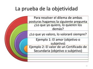 La prueba de la objetividad
        Para resolver el dilema de ambas
     posturas hagamos la siguiente pregunta
        ¿Lo que yo quiero, lo quieren los
                     demás?
     ¿Lo que yo valoro, lo valoraré siempre?
         Ejemplo 1: El amor (objetivo o
                    subjetivo)
     Ejemplo 2: El valor de un Certificado de
        Secundaria (objetivo o subjetivo)



                                            11
 