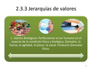 2.3.3 Jerarquías de valores




 1. Valores Biológicos: Perfeccionan al ser humano en el
  aspecto de la condición física y biológica. Ejemplos, la
fuerza, la agilidad, el placer, la salud. Producen bienestar
                            físico.




                                                               16
 