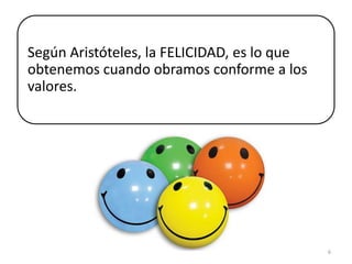 Según Aristóteles, la FELICIDAD, es lo que
obtenemos cuando obramos conforme a los
valores.




                                             6
 