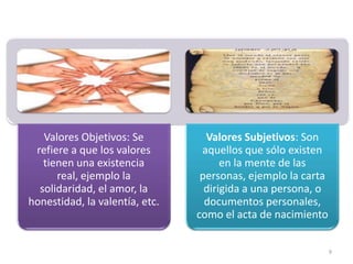 Valores Objetivos: Se          Valores Subjetivos: Son
 refiere a que los valores       aquellos que sólo existen
   tienen una existencia              en la mente de las
      real, ejemplo la           personas, ejemplo la carta
  solidaridad, el amor, la        dirigida a una persona, o
honestidad, la valentía, etc.     documentos personales,
                                como el acta de nacimiento


                                                              9
 