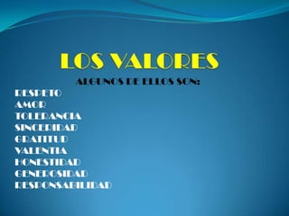 ALGUNOS DE ELLOS SON:
RESPETO
AMOR
TOLERANCIA
SINCERIDAD
GRATITUD
VALENTIA
HONESTIDAD
GENEROSIDAD
RESPONSABILIDAD
 