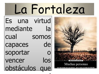 La Fortaleza
Es una virtud
mediante la
cual somos
capaces de
soportar o
vencer los
obstáculos que
 