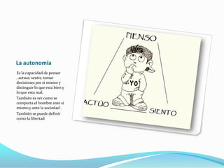 La autonomía
Es la capacidad de pensar
, actuar, sentir, tomar
decisiones por si mismo y
distinguir lo que esta bien y
lo que esta mal.
También es ver como se
comporta el hombre ante si
mismo y ante la sociedad .
También se puede definir
como la libertad
 