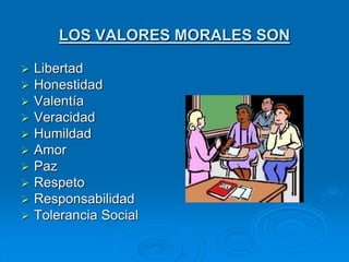 LOS VALORES MORALES SON
 Libertad
 Honestidad
 Valentía
 Veracidad
 Humildad
 Amor
 Paz
 Respeto
 Responsabilidad
 Tolerancia Social
 