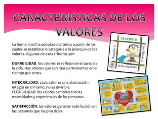 La humanidad ha adoptado criterios a partir de los 
cuales se establece la categoría o la jerarquía de los 
valores. Algunos de esos criterios son: 
DURABILIDAD: los valores se reflejan en el curso de 
la vida. Hay valores que son mas permanentes en el 
tiempo que otros. 
INTEGRALIDAD: cada valor es una abstracción 
integra en si mismo, no es divisible. 
FLEXIBILIDAD: los valores cambian con las 
necesidades y experiencias de las personas. 
SATISFACCIÓN: los valores generan satisfacción en 
las personas que los practican. 
 