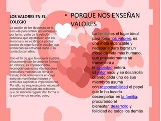LOS VALORES EN EL
COLEGIO
• PORQUE NOS ENSEÑAN
VALORESLa acción de los docentes en la
escuela para formar en valores es,
por tanto, parte de la relación
cotidiana que establecen con los
alumnos y se ve dirigida por las
pautas de organización escolar que
enmarcan su actividad diaria y su
contacto con ellos.
Con el fin de que la escuela cumpla
eficazmente con la tarea de formar
en valores, es imprescindible
reconocer que estas interacciones
cotidianas moldean un clima de
trabajo y de convivencia en cuyo
seno se manifiestan valores y
actitudes explícita e implícitamente.
Por ello, se requiere poner especial
atención al conjunto de prácticas
que de manera regular dan forma a
la convivencia escolar, como:
La familia es el lugar ideal
para forjar los valores, es
una meta alcanzable y
necesaria para lograr un
modo de vida más humano,
que posteriormente se
transmitirá a
la sociedad entera.
El valor nace y se desarrolla
cuando cada uno de sus
miembros asume
con responsabilidad el papel
que le ha tocado
desempeñar en la familia,
procurando el
bienestar, desarrollo y
felicidad de todos los demás
 