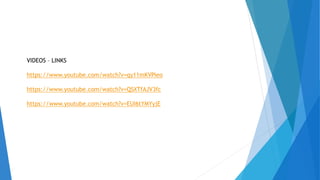 VIDEOS – LINKS
https://www.youtube.com/watch?v=qy11mKVPieo
https://www.youtube.com/watch?v=QSXTfAJV3fc
https://www.youtube.com/watch?v=EUI6tYMYyjE