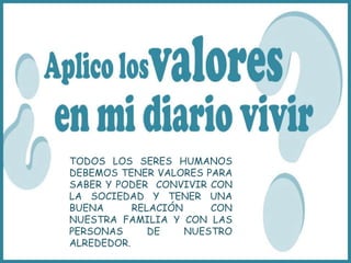 TODOS LOS SERES HUMANOS
DEBEMOS TENER VALORES PARA
SABER Y PODER CONVIVIR CON
LA SOCIEDAD Y TENER UNA
BUENA RELACIÓN CON
NUESTRA FAMILIA Y CON LAS
PERSONAS DE NUESTRO
ALREDEDOR.
 
