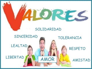 RESPETO
TOLERANCIA
AMISTAD
SOLIDARIDAD
LEALTAD
SINCERIDAD
AMOR
LIBERTAD
 