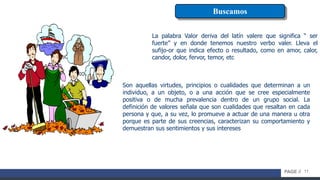 11PAGE //
Buscamos
Son aquellas virtudes, principios o cualidades que determinan a un
individuo, a un objeto, o a una acción que se cree especialmente
positiva o de mucha prevalencia dentro de un grupo social. La
definición de valores señala que son cualidades que resaltan en cada
persona y que, a su vez, lo promueve a actuar de una manera u otra
porque es parte de sus creencias, caracterizan su comportamiento y
demuestran sus sentimientos y sus intereses
La palabra Valor deriva del latín valere que significa “ ser
fuerte” y en donde tenemos nuestro verbo valer. Lleva el
sufijo-or que indica efecto o resultado, como en amor, calor,
candor, dolor, fervor, temor, etc
 