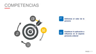 9PAGE //
COMPETENCIAS
Definimos el valor de la
persona
Establecer la aplicación e
influencia en el aspecto
personal y laboral
01
02
02
04
04
 
