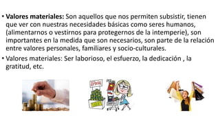 • Valores materiales: Son aquellos que nos permiten subsistir, tienen
que ver con nuestras necesidades básicas como seres humanos,
(alimentarnos o vestirnos para protegernos de la intemperie), son
importantes en la medida que son necesarios, son parte de la relación
entre valores personales, familiares y socio-culturales.
• Valores materiales: Ser laborioso, el esfuerzo, la dedicación , la
gratitud, etc.
 