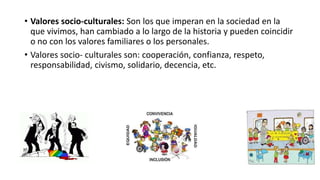 • Valores socio-culturales: Son los que imperan en la sociedad en la
que vivimos, han cambiado a lo largo de la historia y pueden coincidir
o no con los valores familiares o los personales.
• Valores socio- culturales son: cooperación, confianza, respeto,
responsabilidad, civismo, solidario, decencia, etc.
 