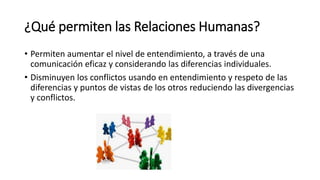 ¿Qué permiten las Relaciones Humanas?
• Permiten aumentar el nivel de entendimiento, a través de una
comunicación eficaz y considerando las diferencias individuales.
• Disminuyen los conflictos usando en entendimiento y respeto de las
diferencias y puntos de vistas de los otros reduciendo las divergencias
y conflictos.
 
