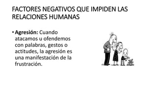 FACTORES NEGATIVOS QUE IMPIDEN LAS
RELACIONES HUMANAS
• Agresión: Cuando
atacamos u ofendemos
con palabras, gestos o
actitudes, la agresión es
una manifestación de la
frustración.
 