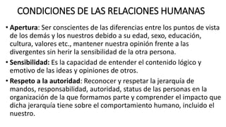 CONDICIONES DE LAS RELACIONES HUMANAS
• Apertura: Ser conscientes de las diferencias entre los puntos de vista
de los demás y los nuestros debido a su edad, sexo, educación,
cultura, valores etc., mantener nuestra opinión frente a las
divergentes sin herir la sensibilidad de la otra persona.
• Sensibilidad: Es la capacidad de entender el contenido lógico y
emotivo de las ideas y opiniones de otros.
• Respeto a la autoridad: Reconocer y respetar la jerarquía de
mandos, responsabilidad, autoridad, status de las personas en la
organización de la que formamos parte y comprender el impacto que
dicha jerarquía tiene sobre el comportamiento humano, incluido el
nuestro.
 