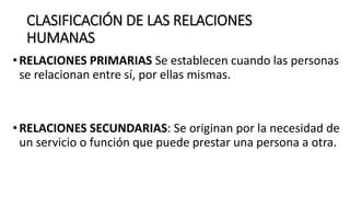 CLASIFICACIÓN DE LAS RELACIONES
HUMANAS
•RELACIONES PRIMARIAS Se establecen cuando las personas
se relacionan entre sí, por ellas mismas.
•RELACIONES SECUNDARIAS: Se originan por la necesidad de
un servicio o función que puede prestar una persona a otra.
 