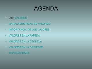 AGENDA LOS  VALORES CARACTERISTICAS DE VALORES IMPORTANCIA DE LOS VALORES VALORES EN LA FAMILIA VALORES EN LA ESCUELA VALORES EN LA SOCIEDAD CONCLUSIONES 