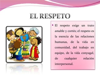  El respeto exige un trato

 amable y cortés; el respeto es
 la esencia de las relaciones
 humanas, de la vida en
 comunidad, del trabajo en
 equipo, de la vida conyugal,
 de     cualquier     relación
 interpersonal.
 