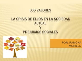 LOS VALORES
LA CRISIS DE ELLOS EN LA SOCIEDAD
ACTUAL
Y
PREJUICIOS SOCIALES
POR: RAMONA
MORILLO
 