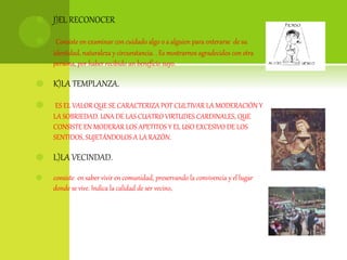  J)EL RECONOCER
 Consiste en examinar con cuidado algo o a alguien para enterarse de su
identidad, naturaleza y circunstancia. . Es mostrarnos agradecidos con otra
persona, por haber recibido un beneficio suyo.
 K)LA TEMPLANZA.
 ES EL VALOR QUE SE CARACTERIZA POT CULTIVAR LA MODERACIÓN Y
LA SOBRIEDAD. UNA DE LAS CUATRO VIRTUDES CARDINALES, QUE
CONSISTE EN MODERAR LOS APETITOS Y EL USO EXCESIVO DE LOS
SENTIDOS, SUJETÁNDOLOS A LA RAZÓN.
 L)LA VECINDAD.
 consiste en saber vivir en comunidad, preservando la convivencia y el lugar
donde se vive. Indica la calidad de ser vecino,
 