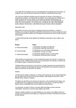 Si el sujeto de la educación ha de ser el protagonista de su libertad hemos de salvar, en
cualquier caso, que sea él quien descubra los valores y opte libremente por ellos.

 Son varios los métodos utilizados para la inculcación de valores: el del refuerzo y
propuesta de modelos. La combinación del refuerzo con la propuesta de modelos es un
medio excelente de inculcar valores. Si el modelo es reforzado positivamente, los
observadores de la conducta presentada como modelo tienen más probabilidades de
actuar de modo semejante y, en consecuencia, de adoptar ese valor. Esta estrategia
puede utilizarse intencionada y sistemáticamente para inculcar valores deseables.

Desarrollo moral

Este enfoque se basa en las tesis e investigaciones de los profesores J. Piaget y L.
Kohlberg, y se ocupa del desarrollo cognoscitivo estimulando a los alumnos para que sean
capaces de desarrollar modelos más complejos de razonamiento moral a través de pasos
secuenciales.

 La teoría del desarrollo moral utilizada por Kohlberg se describe en tres niveles y seis
pasos :



Niveles                        Pasos
                               1º Orientación al castigo y la vigilancia
A. Preconvencionales
                               2º Orientación relativista instrumental
                               3º Orientación a la conformidad interpersonal
B. Convencionales
                               4º Orientación "a la ley y el orden"
                               5º Orientación legalista hacia el control social
C. Postconvencionales
                               6º Orientación al principio ético universal


 Estos niveles se corresponden con los consiguientes pasos que marcan un proceso de
desarrollo moral. Kohlberg parte siempre de una orientación en desarrollo, y plantea que
es necesario seguir una secuencia de pasos.

 Kohlberg indica que el exponer a los alumnos a niveles superiores de razonamiento los
estimula a alcanzar el paso siguiente superior del desarrollo moral. Esta teoría aporta un
aspecto importante a la educación de valores.

Análisis

Las técnicas de análisis constituyen un enfoque de la educación de los valores elaborado
por educadores del campo de las ciencias sociales. Cabe destacar entre ellos a Hunt,
Metcalf, Oliver, Shaver y Fraenkel.

 El objetivo de esta técnica es ayudar a los alumnos a usar el planteamiento lógico y los
procedimientos de investigación científica relativos a los valores. Los alumnos deben
aportar hechos verificables acerca de la validez de los fenómenos.

 Su aportación consiste en ofrecer una base sólida para llegar a hacer opciones
"razonables", teniendo en cuenta la base objetiva que ofrece.

 Existen modelos analíticos muy desarrollados por sus autores, que reflejan siempre el
empeño por el predominio de la lógica y su elaboración científica. Presentamos los pasos
de este método.
 
