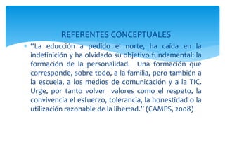  REFERENTES CONCEPTUALES
 “La educción a pedido el norte, ha caída en la
indefinición y ha olvidado su objetivo fundamental: la
formación de la personalidad. Una formación que
corresponde, sobre todo, a la familia, pero también a
la escuela, a los medios de comunicación y a la TIC.
Urge, por tanto volver valores como el respeto, la
convivencia el esfuerzo, tolerancia, la honestidad o la
utilización razonable de la libertad.” (CAMPS, 2008)
 