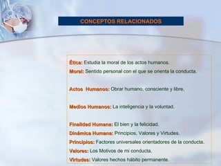 Ética:  Estudia la moral de los actos humanos.  Moral:  Sentido personal con el que se orienta la conducta.  Actos  Humanos:  Obrar humano, consciente y libre.  Medios Humanos:  La inteligencia y la voluntad.  Finalidad Humana:  El bien y la felicidad. Dinámica Humana:  Principios, Valores y Virtudes. Principios:  Factores universales orientadores de la conducta. Valores:  Los Motivos de mi conducta. Virtudes:  Valores hechos hábito permanente. CONCEPTOS RELACIONADOS 