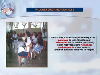 El éxito de los valores depende de que las  personas  de la institución sean  conscientes  de su utilidad potencial y estén motivadas para  reflexionar conjuntamente  y para poner en práctica acciones efectivas de mejora. VALORES ORGANIZACIONALES 