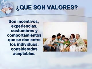 ¿QUE SON VALORES? Son incentivos, experiencias, costumbres y comportamientos que se dan entre los individuos, consideradas aceptables. 