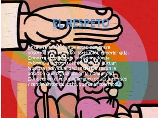 Valores Terminales: Son metas que al individuo le gustaría conseguir a lo largo de su vida.La responsabilidadLa responsabilidad es un valor que esta en la conciencia de la persona, que le permite reflexionar, administrar, orientar y valorar las consecuencias de sus actos, siempre en el plano de lo moral. Una vez que pasa al plano ético (puesta en práctica), persisten estas cuatro ideas para establecer la magnitud de dichas acciones y afrontarlas de la manera más prepositiva e integral, siempre en pro del mejoramiento laboral, social, cultural y natural. Es asumir aquellos actos en forma consciente e intencionada.