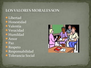 Libertad
Honestidad
Valentía
Veracidad
Humildad
Amor
Paz
Respeto
Responsabilidad
Tolerancia Social
 