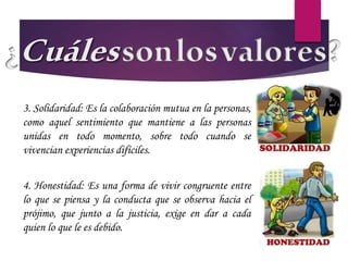 3. Solidaridad: Es la colaboración mutua en la personas,
como aquel sentimiento que mantiene a las personas
unidas en todo momento, sobre todo cuando se
vivencian experiencias difíciles.
4. Honestidad: Es una forma de vivir congruente entre
lo que se piensa y la conducta que se observa hacia el
prójimo, que junto a la justicia, exige en dar a cada
quien lo que le es debido.
 