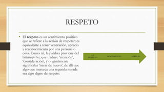RESPETO
• El respeto es un sentimiento positivo
que se refiere a la acción de respetar; es
equivalente a tener veneración, aprecio
y reconocimiento por una persona o
cosa. Como tal, la palabra proviene del
latínrespectus, que traduce ‘atención’,
‘consideración’, y originalmente
significaba ‘mirar de nuevo’, de allí que
algo que merezca una segunda mirada
sea algo digno de respeto.
APRECIOSENTIMIENTO
EL
RESPETO
 