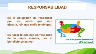 RESPONSABILIDAD
• Es la obligación de responder
por
los
actos
que
uno
ejecuta, sin que nadie te obligue.

• Es hacer lo que nos corresponde
de la mejor manera, por el
beneficio colectivo.

 