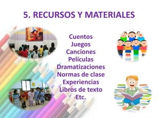5. RECURSOS Y MATERIALES

            Cuentos
             Juegos
           Canciones
            Películas
       Dramatizaciones
       Normas de clase
         Experiencias
        Libros de texto
               Etc.
 