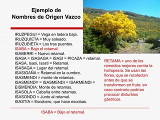 IRUZPEGUI = Vega en ladera baja.
IRUZQUIETA = Muy soleado.
IRUZUBIETA = Los tres puentes.
ISABA = Bajo el retamal.
ISABERRI = Nuevo retamal.
ISASA = ISASAGA = ISASI = PICAZA = retamal.
ISASA, Isasi, Isasti = Retamal.
ISASAGA = Lugar del retamal.
ISASIGAÑA = Retamal en la cumbre.
ISASMENDI = monte de retamas.
ISASMENDY = ISASMENDI = ISARMENDI =
EISMENDIA: Monte de retamas.
ISASOLA = Cabaña entre retamas.
ISASONDO = Junto al retamal.
ISASTIA = Escobero, que hace escobas.
ISABA = Bajo el retamal.
RETAMA = uno de los
remedios mejores contra la
hidropesía. Se usan las
flores, que se recolectan
antes de que se
transformen en fruto; en
caso contrario podrían
provocar disturbios
gástricos.
Ejemplo de
Nombres de Origen Vazco
 