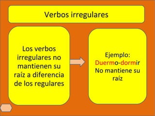 Verbos irregulares Los verbos irregulares no mantienen su raíz a diferencia de los regulares Ejemplo: Duerm o- dorm ir No ...