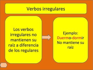 Verbos irregulares Los verbos irregulares no mantienen su raíz a diferencia de los regulares Ejemplo: Duerm o- dorm ir No mantiene su raíz 