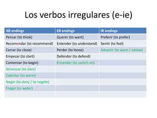 Los verbos irregulares (e-ie)
AR endings ER endings IR endings
Pensar (to think) Querer (to want) Preferir (to prefer)
Recomendar (to recommend) Entender (to understand) Sentir (to feel)
Cerrar (to close) Perder (to loose) Advertir (to warn / advise)
Empezar (to start) Defender (to defend)
Comenzar (to begin) Encender (to switch on)
Atravesar (to dare)
Calentar (to warm)
Negar (to deny / to negate)
Fregar (to water)
 
