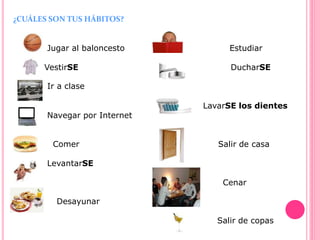 ¿CUÁLES SON TUS HÁBITOS?
Jugar al baloncesto Estudiar
VestirSE DucharSE
Ir a clase
LavarSE los dientes
Navegar por Internet
Comer Salir de casa
LevantarSE
Cenar
Desayunar
Salir de copas
 