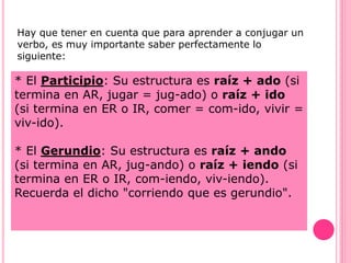 Hay que tener en cuenta que para aprender a conjugar un
verbo, es muy importante saber perfectamente lo
siguiente:
* El Participio: Su estructura es raíz + ado (si
termina en AR, jugar = jug-ado) o raíz + ido
(si termina en ER o IR, comer = com-ido, vivir =
viv-ido).
* El Gerundio: Su estructura es raíz + ando
(si termina en AR, jug-ando) o raíz + iendo (si
termina en ER o IR, com-iendo, viv-iendo).
Recuerda el dicho "corriendo que es gerundio".
 