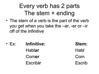 Every verb has 2 parts
The stem + ending
• The stem of a verb is the part of the verb
you get when you take the –ar, -er or –ir
off of the infinitive
• Ex: Infinitive: Stem:
Hablar Habl
Comer Com
Escribir Escrib
 
