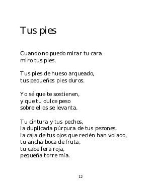 Tus pies

Cuando no puedo mirar tu cara
miro tus pies.

Tus pies de hueso arqueado,
tus pequeños pies duros.

Yo sé que te sostienen,
y que tu dulce peso
sobre ellos se levanta.

Tu cintura y tus pechos,
la duplicada púrpura de tus pezones,
la caja de tus ojos que recién han volado,
tu ancha boca de fruta,
tu cabellera roja,
pequeña torre mía.


                      12
 