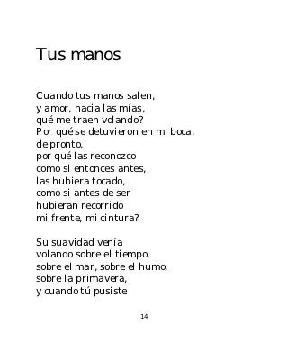 Tus manos

Cuando tus manos salen,
y amor, hacia las mías,
qué me traen volando?
Por qué se detuvieron en mi boca,
de pronto,
por qué las reconozco
como si entonces antes,
las hubiera tocado,
como si antes de ser
hubieran recorrido
mi frente, mi cintura?

Su suavidad venía
volando sobre el tiempo,
sobre el mar, sobre el humo,
sobre la primavera,
y cuando tú pusiste

                      14
 