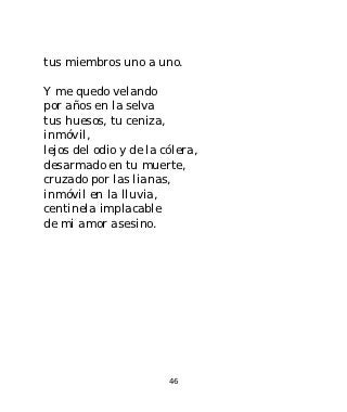 tus miembros uno a uno.

Y me quedo velando
por años en la selva
tus huesos, tu ceniza,
inmóvil,
lejos del odio y de la cólera,
desarmado en tu muerte,
cruzado por las lianas,
inmóvil en la lluvia,
centinela implacable
de mi amor asesino.




                        46
 