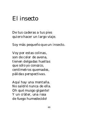 El insecto

De tus caderas a tus pies
quiero hacer un largo viaje.

Soy más pequeño que un insecto.

Voy por estas colinas,
son de color de avena,
tienen delgadas huellas
que sólo yo conozco,
centímetros quemados,
pálidas perspectivas.

Aquí hay una montaña.
No saldré nunca de ella.
Oh qué musgo gigante!
Y un cráter, una rosa
de fuego humedecido!

                      49
 