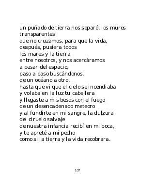 un puñado de tierra nos separó, los muros
transparentes
que no cruzamos, para que la vida,
después, pusiera todos
los mares y la tierra
entre nosotros, y nos acercáramos
a pesar del espacio,
paso a paso buscándonos,
de un océano a otro,
hasta que vi que el cielo se incendiaba
y volaba en la luz tu cabellera
y llegaste a mis besos con el fuego
de un desencadenado meteoro
y al fundirte en mi sangre, la dulzura
del ciruelo salvaje
de nuestra infancia recibí en mi boca,
y te apreté a mi pecho
como si la tierra y la vida recobrara.




                     107
 